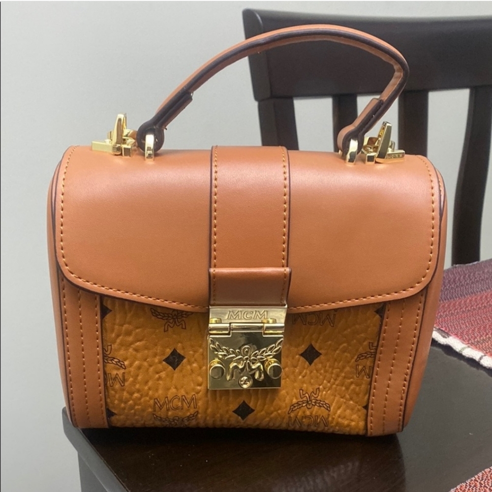 MCM Tan and Brown Mini Bag with Gold Hardware